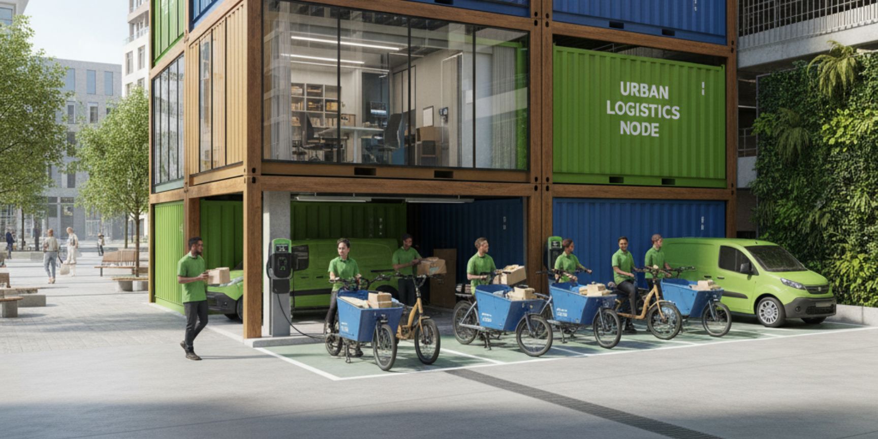 Ein moderner Logistik-Mikro-Hub, der in das Erdgeschoss eines städtischen Parkhauses integriert ist, zeigt Kuriere, die Lastenfahrräder für die Zustellung auf der letzten Meile beladen.